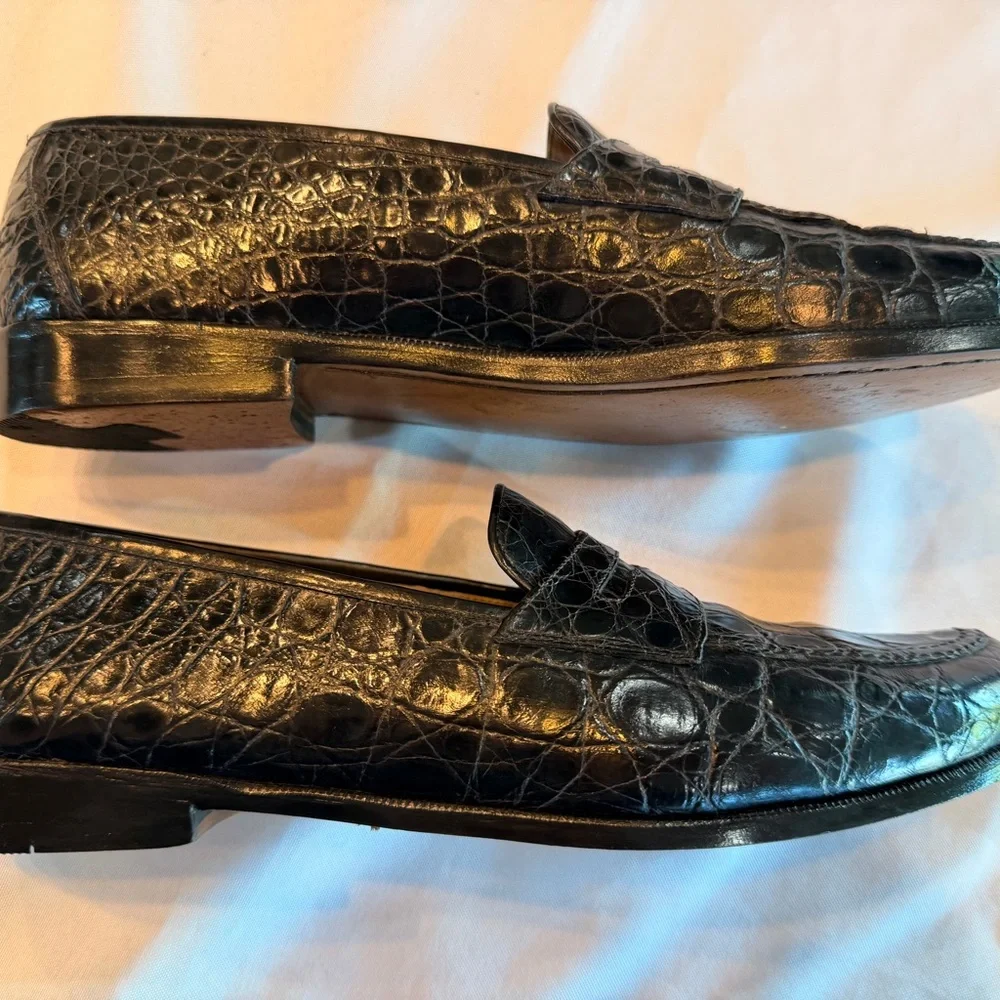 Salvatore Ferragamo Exotic Black Crocodile Leather Mens Penny Loafers Sz 10D